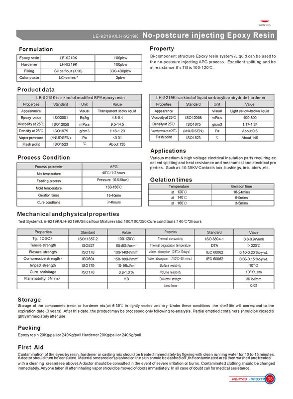9219K Bi-component Epoxy Hardener with Heat Shock and Splitting Resistance for Medium & High Voltage Insulation